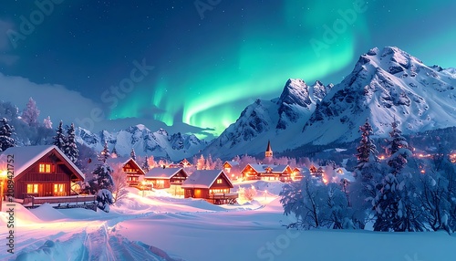 Snowy village under aurora borealis night.