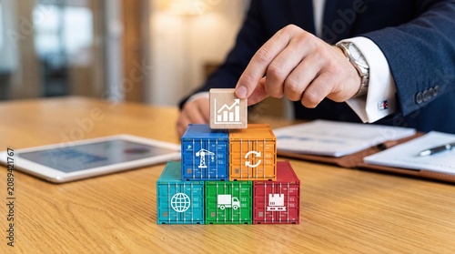 Logistics business growth concept, businessman stacking toy shipping containers on desk