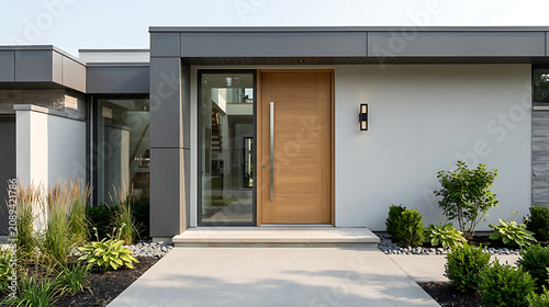 Modern minimalist home entrance featuring a sleek wooden door and surrounding greenery with a clean concrete pathway