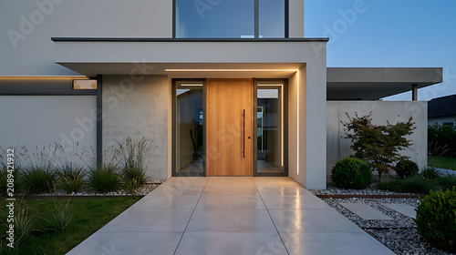 Modern minimalist house entrance with wooden door and sleek architectural design in a contemporary suburban setting
