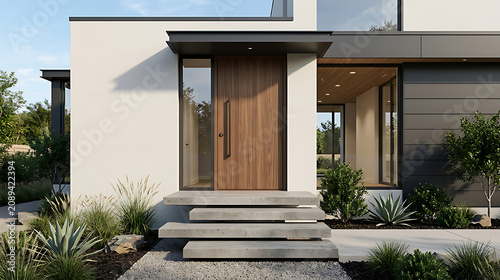 Modern contemporary house entrance with clean lines and minimalist design featuring wooden door and landscaped surroundings