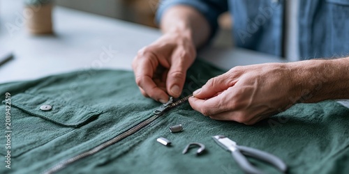 Hands repairing zipper on green fabric