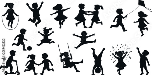 Playful Happy Children Silhouette Vector Icon Set for Elementary School Branding, Kindergarten Education Layouts, Preschool Daycare Signs, and Kids Playground Graphics