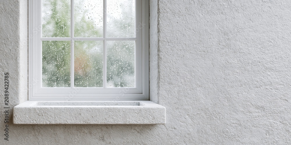 Fototapeta premium Rainy window with textured white wall