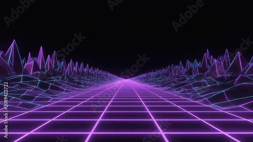 Retro grid landscape with neon mountains