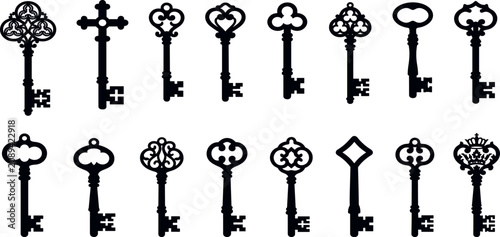 Vintage Skeleton Key and Antique Door Opener Silhouette Vector Icon Set for Ornamental Branding Layouts, Wedding Stationery, and Secret Mystery Concept Designs