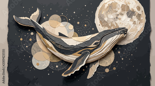 Fotografi Cosmic humpback whale swimming in starry night sky with moon illustration