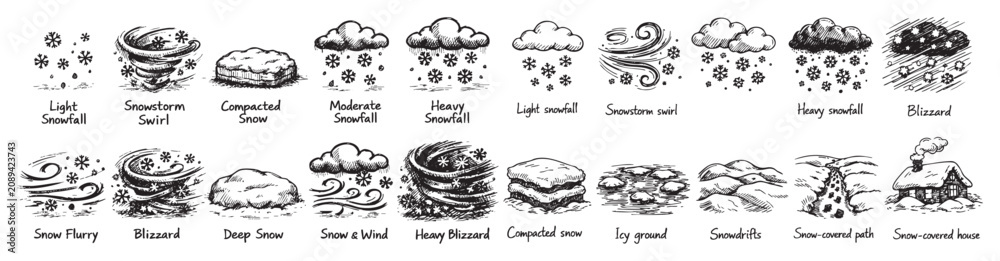 Obraz premium Comprehensive collection of hand-drawn winter weather icons and snow conditions, rendered in a detailed sketch style on a clean white background