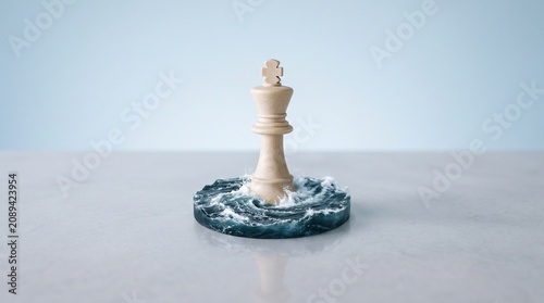 Chess king standing firm in a turbulent ocean, concept of leadership and resilience