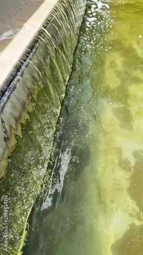 Mossy green water flows steadily over a stone ledge into a bubbling pool below. Concept of urban water features, peaceful garden design, and natural textures in landscaping.