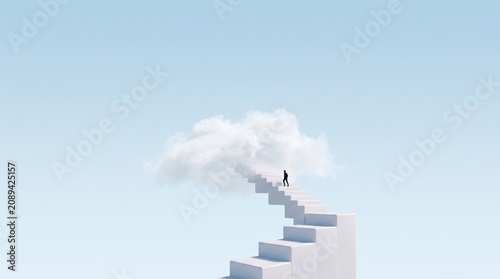 Staircase rising into the clouds with a person climbing, concept of ambition and success