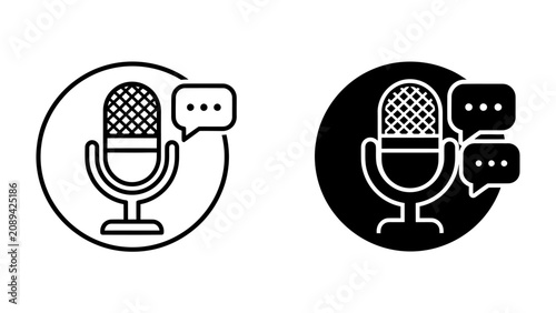 Obraz na płótnie Podcast Mic Icon: A minimalist graphic representation of a microphone with chat bubbles, symbolizing podcasting, broadcasting, or voice communication, in both outline and solid black design