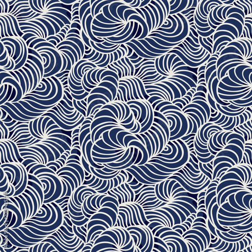 Seamless pattern, line art texture of hand drawn random waves. Abstract print, repeat surface design of doodle decor, turbulent sea, swirls on a blue background. Vector illustration in two colors.