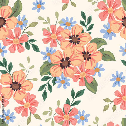 Seamless floral pattern, cute ditsy print of hand drawn rustic decor. Pretty botanical design of delicate large flowers, small leaves, lush painted bouquets on a white background. Vector illustration.