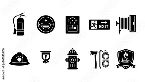 Fire Safety Icons Set with Emergency Exit Sign, Alarm Bell, Firefighter Helmet, and Medical Cross Symbols