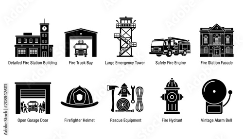 Tableau sur toile Fire Station and Safety Equipment Icons Set with Detailed Buildings, Trucks, Hyd
