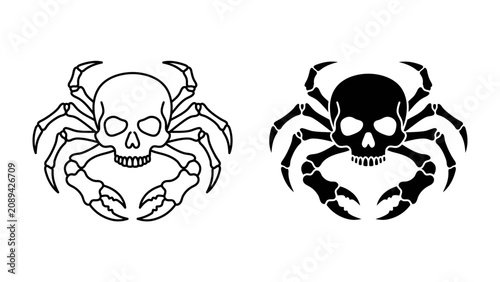 Fotografi Macabre Combination: A striking graphic illustration merges a skull with spider-like appendages, presented in both outline and solid black form, symbolizing danger and the unknown
