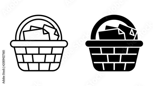 Bild auf Leinwand Basket Icon Set: A collection of graphic icons depicting a woven basket filled with paper documents, presented in both outline and solid black styles for versatile design use