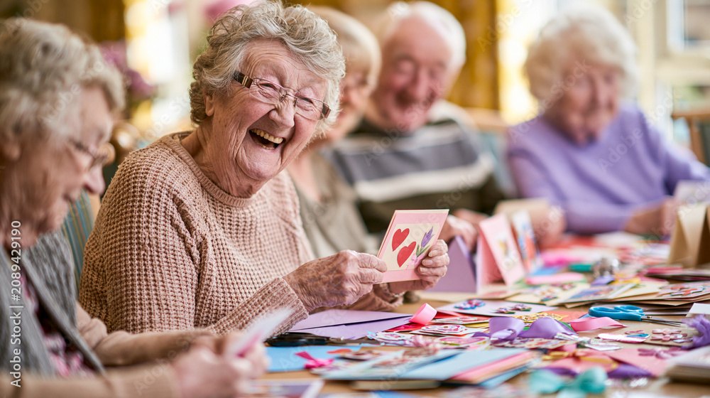 Obraz premium joyful senior woman laughing while showing handmade greeting card with hearts at craft workshop in nursing home, elderly people enjoying card making activity together.