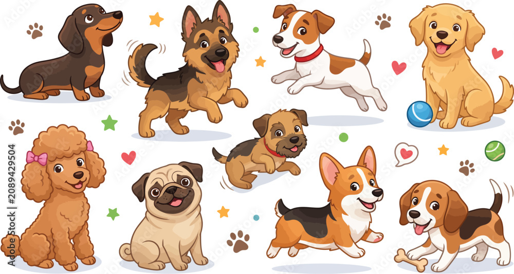 Fototapeta premium Cartoon Dogs Collection, Various Breeds and Cute Expressions