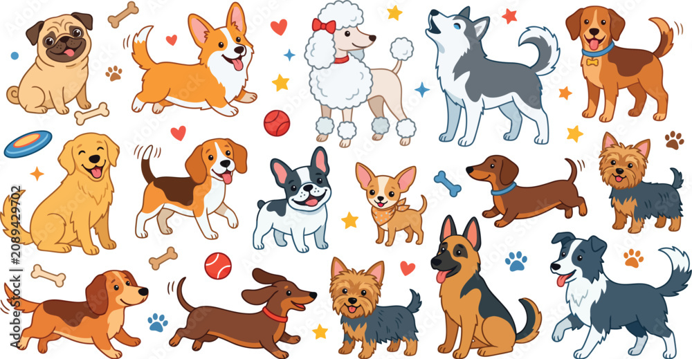 Obraz premium Cartoon Dogs Breeds Collection with Toys and Symbols
