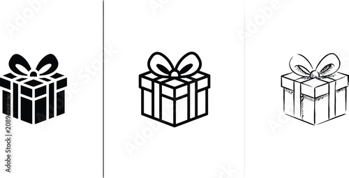 Fényképezés Three gift box illustrations in varying graphic styles with celebration birthday
