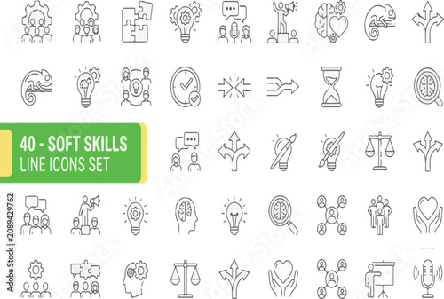 Soft skills line icons set in minimalistic style on white background for business education