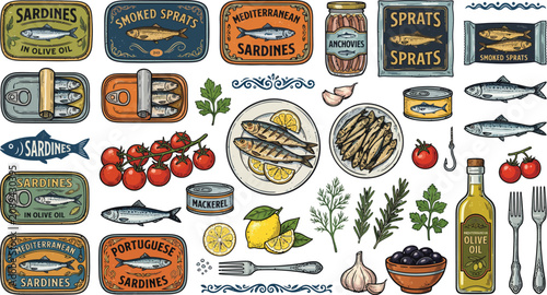 Colorful Illustration of Canned and Smoked Fish with Fresh Ingredients