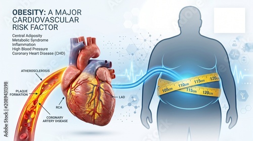 Obesity concept illustrating increased cardiovascular disease risk and heart health