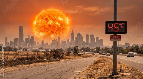 Scorching summer city experiencing 45 degree Celsius extreme heatwave