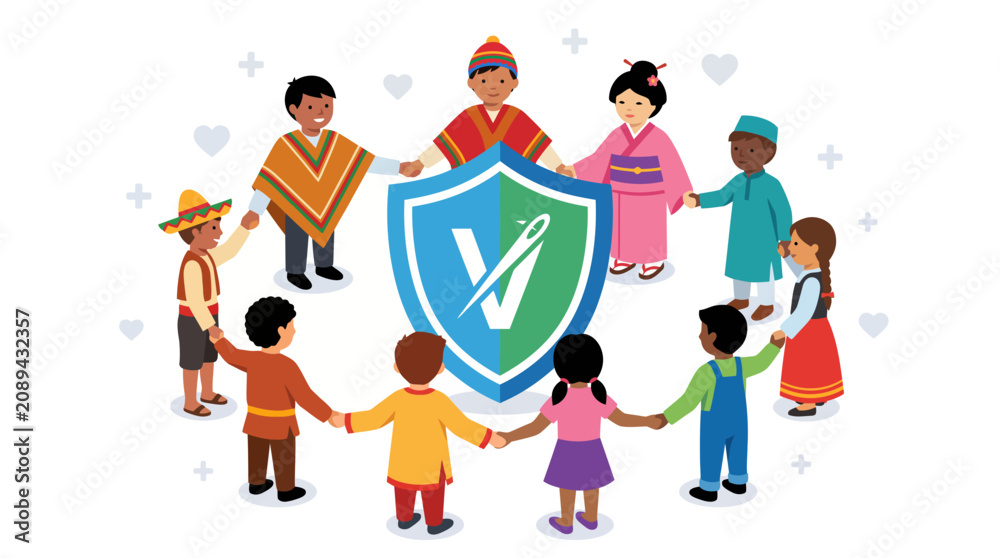 Fototapeta premium Diverse global children holding hands around a protective shield, symbolizing unity, peace, and child safety, ideal for international charity campaigns, educational materials, and child welfare