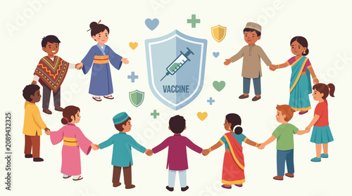 United multicultural kids holding hands around a central vaccine shield, representing global childhood immunization and community health, ideal for public health awareness and pediatric care