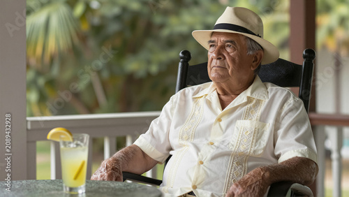 Senior man in a white guayabera sitting in a rocking chair on a porch. Pensive man rests with a cold glass of lemonade. Ideal portrait of retirement and tropical lifestyle