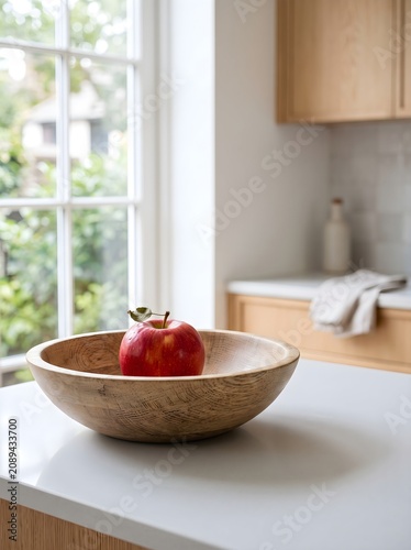 Single Apple Left in Nearly Empty Wooden Fruit Bowl on Kitchen Counter