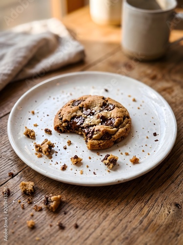Single Cookie Left on White Ceramic Plate with Crumbs