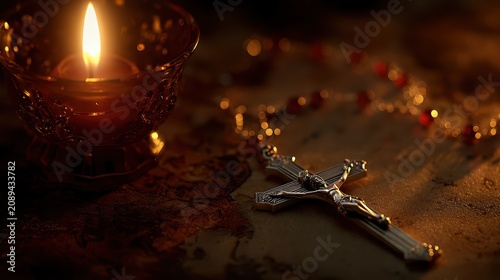 Sacred Stillness: A flickering candle casts a warm, ethereal glow on a weathered surface, illuminating a sacred crucifix and a string of rosary beads.
