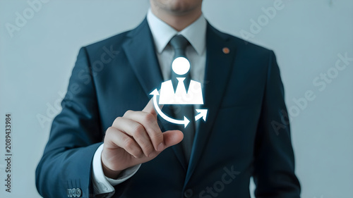 Businessman interacting with person icon and rotating arrows symbolizing employee turnover human resource cycle staff training and professional growth.