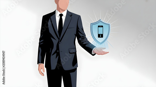 Stylized 2d flat vector illustration of faceless businessman holding glowing shield with mobile phone icon representing high level data protection.
