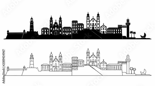 Salvador city skyline illustration with historical landmarks