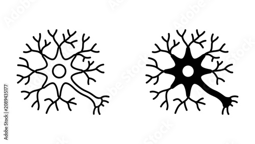 Konstfotografi Neuron Iconography: Two simplified graphic representations of neurons, one outlined and one filled, showcase the fundamental structure of nerve cells and their branching dendrites