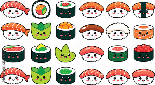 Cuadro en lienzo Sushi characters flat vector illustration set