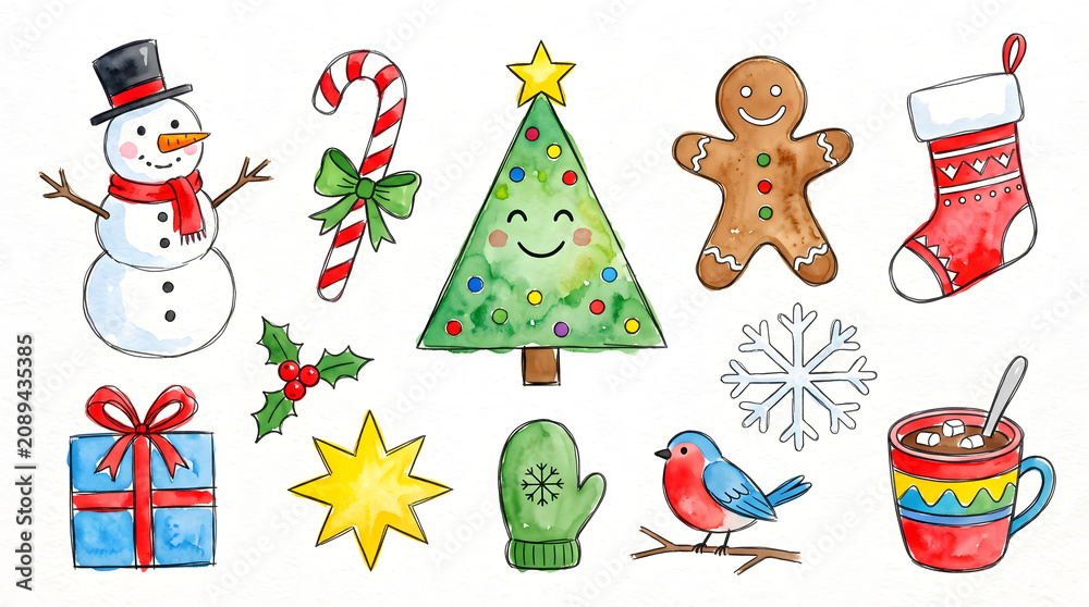 Fototapeta premium Christmas icons, holiday symbols, winter clipart, festive elements