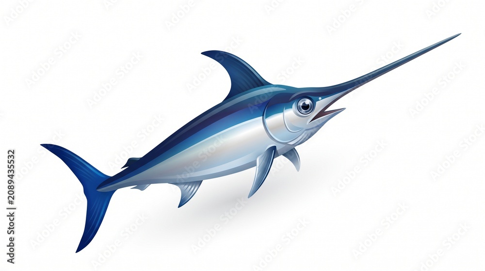Obraz premium Stylized swordfish with deep blue back and shiny silver belly. Features a long pointed bill, tall dorsal fin, and sleek forked tail.