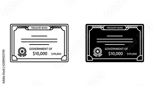Obraz na plátne Government Bond Certificate Icon: Two stylized representations of a government bond certificate, one in black and white, the other in black, showcasing the denomination of $10,000