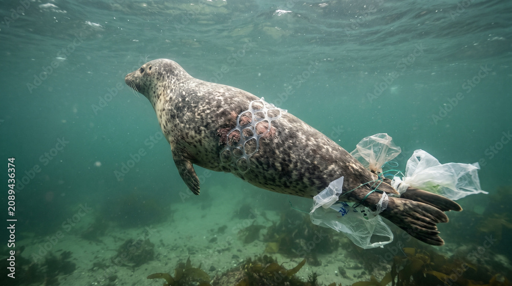 Fototapeta premium Seal Trapped in Plastic Ring Six-Pack Holder Underwater