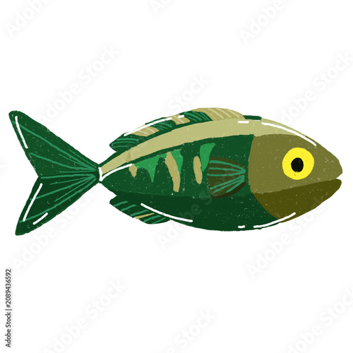 Green Tropical Fish Euthynnus affinis Hand Drawn Cartoon Illustration in Flat Style 