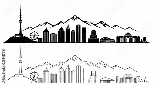 Almaty city skyline vector illustration with mountain backdrop, Kazakhstan travel concept.