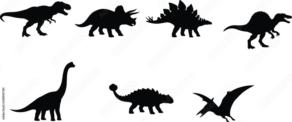 Obraz premium Set of Dinosaur Silhouettes Featuring Tyrannosaurus, Triceratops, Stegosaurus, Spinosaurus, Brachiosaurus, Ankylosaurus, and Pteranodon
