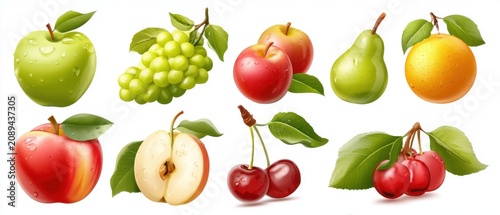 Assorted Fresh Fruits Still Life Isolated on White Background Studio Shot Apple Pear Orange Grape Cherry