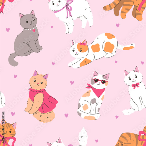 Seamless pattern with cute funny cats on a pink background. Vector graphics.